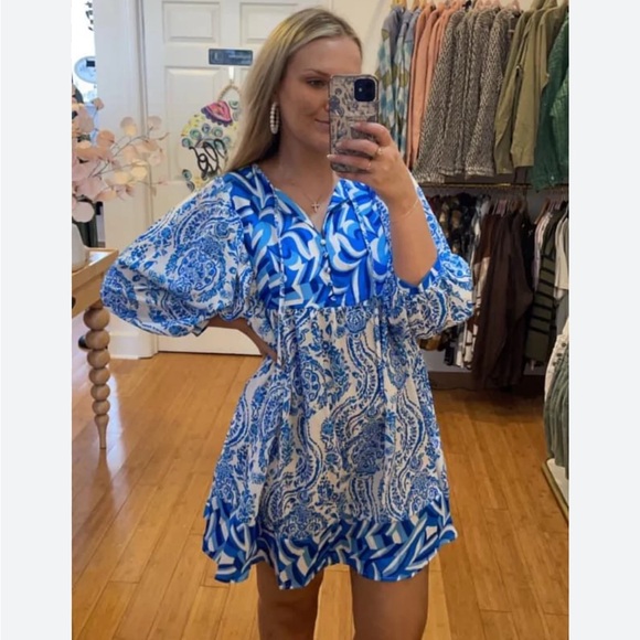 Entro V Neck Boho Blue Mini Ruffle Tiered Dress Small - Picture 1 of 6